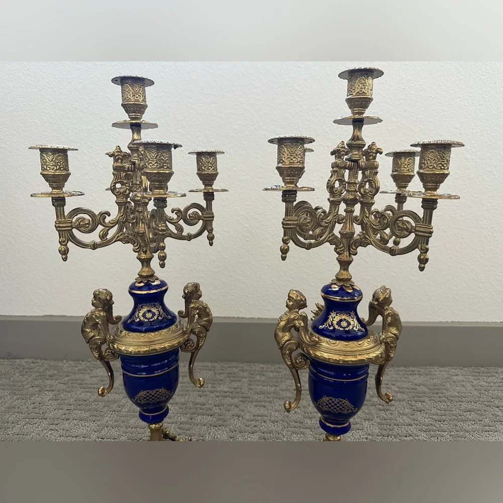 Pair Italian Cobalt & Gilt Rococo 5-Light Candelabra – Brevettato